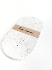 Upside-Down White Sandstone Tray for Soap Dispenser/Hand Sanitizer with Wooden Veneer Engraved 'Canadian HandCrafted' and Durable Clear Rubber Bumpers - Chic Bathroom Organizer Accessory