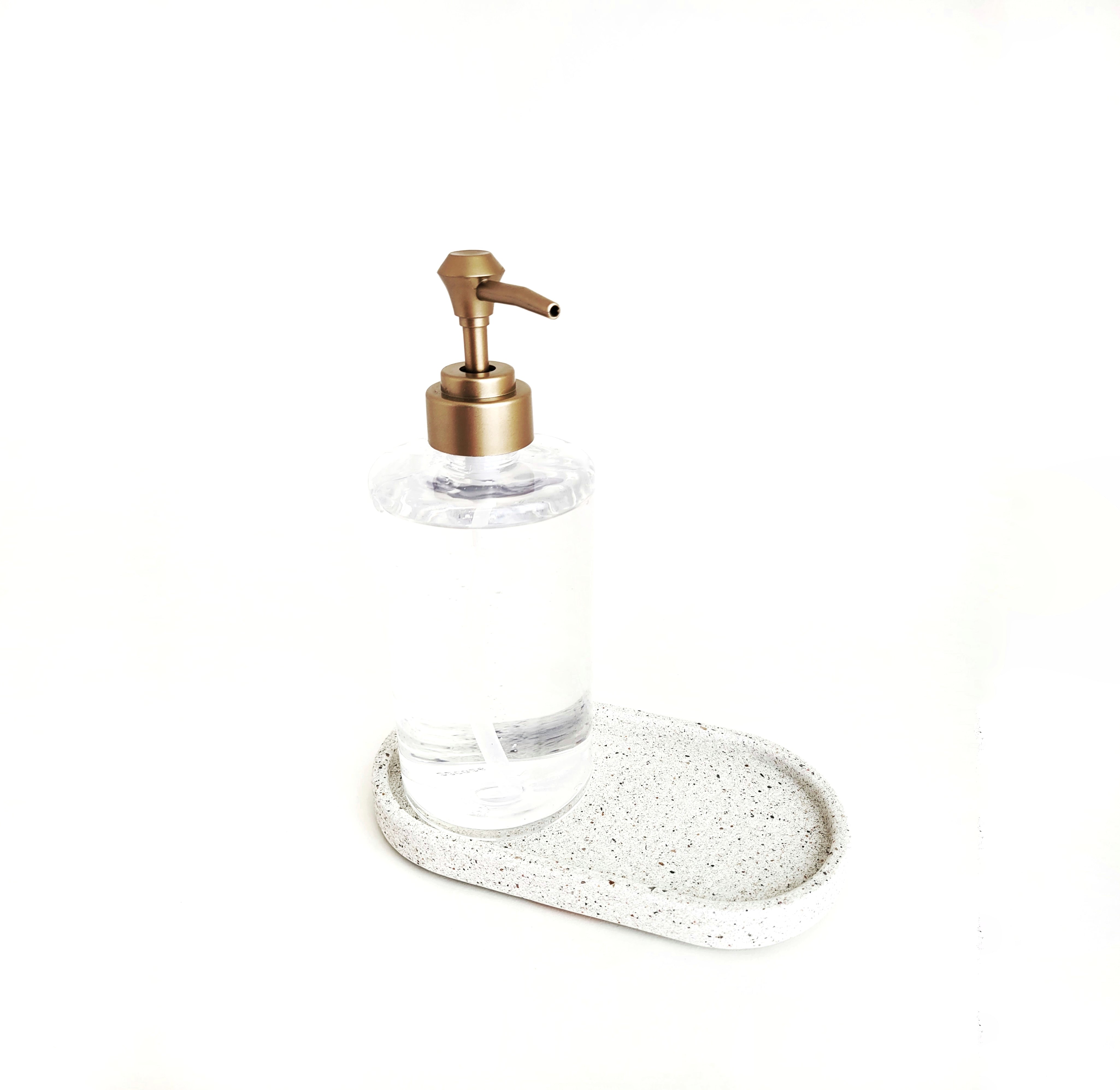 Sparkling White Sandstone Soap Dispenser Tray with Clear Round Soap with Clear Round Soap Dispenser Bottle - Elegant Bathroom Accessory