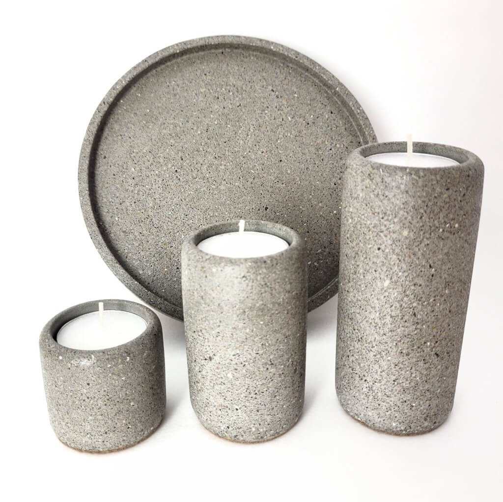 Grey Sandstone Tealight Candle Holder Set with Round Tray - Sophisticated Home Decor for Ambient Lighting