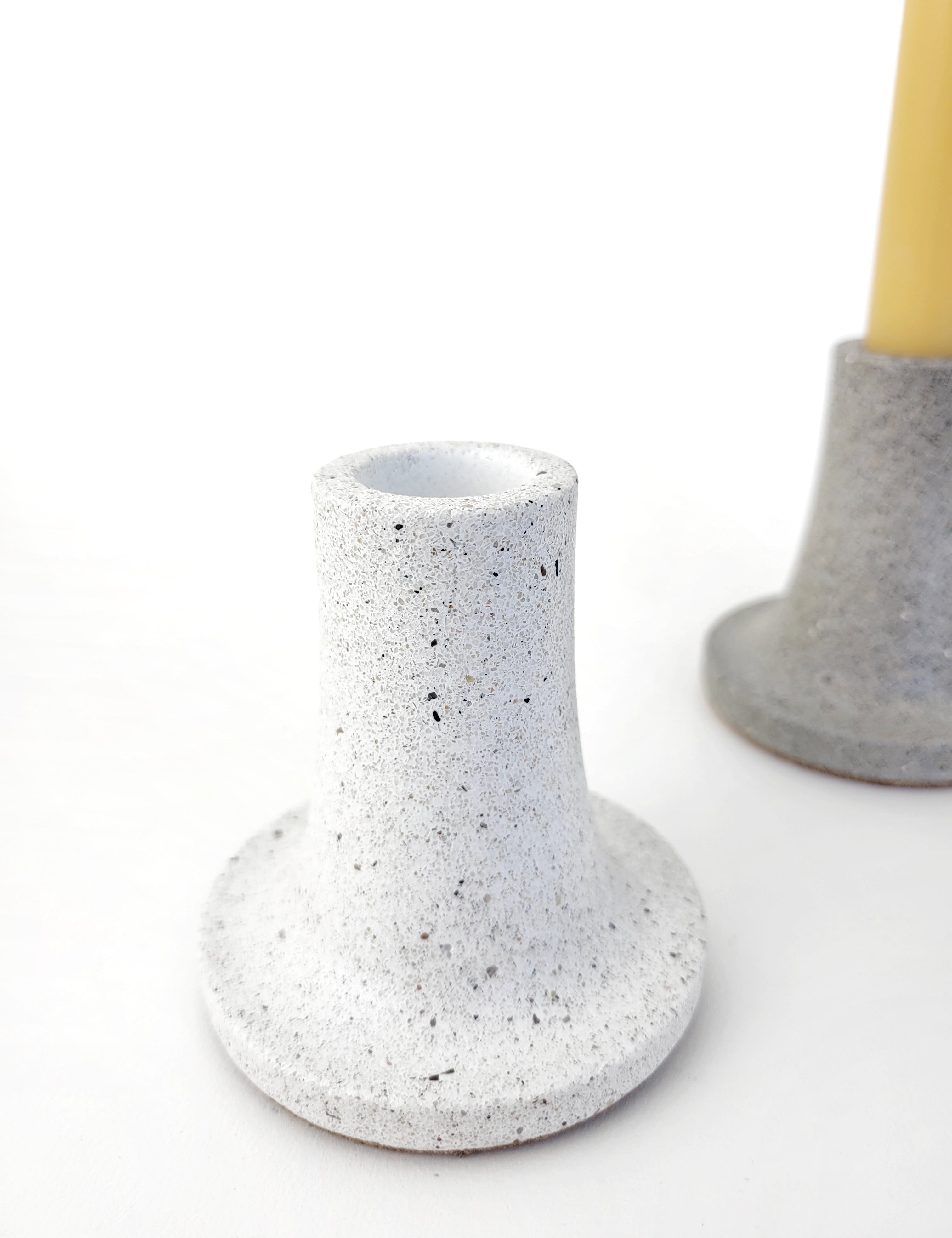 Elegant White and Grey Stone Tall Taper Candle Holder - Sophisticated Home Decor Accessory Against White Background