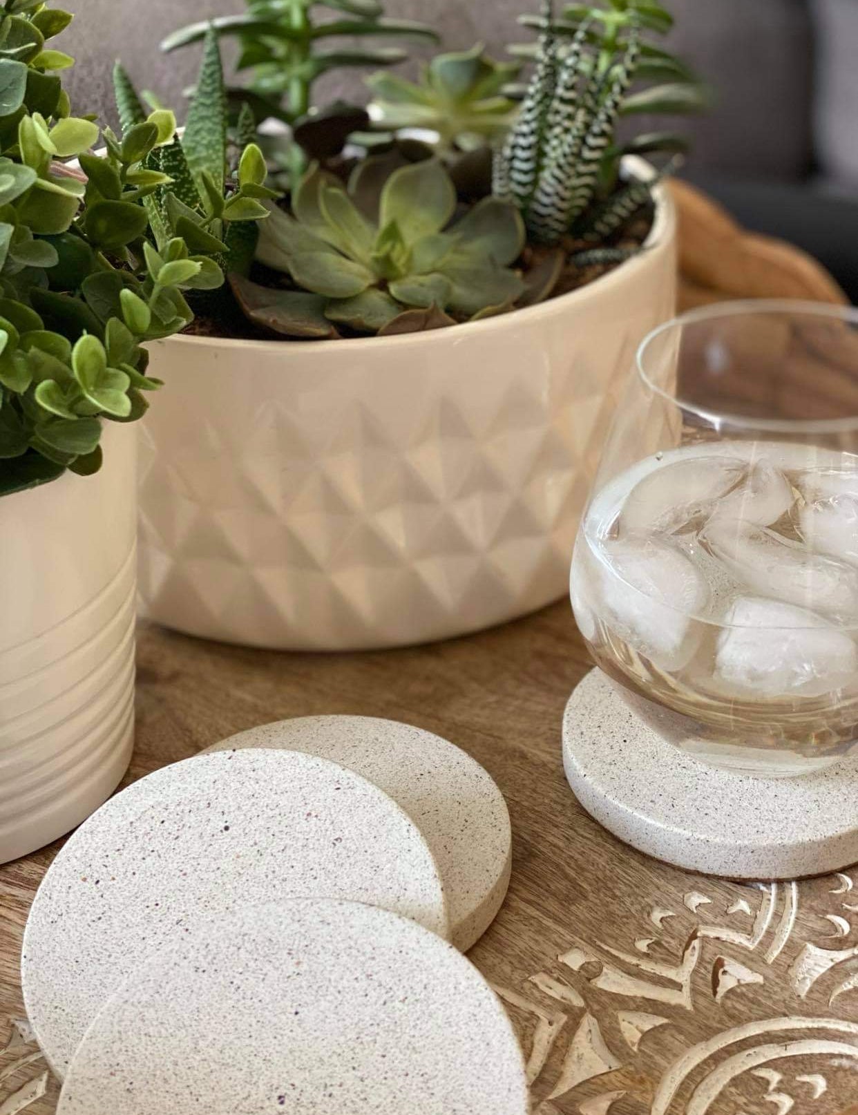 Set of 4 sparkling white concrete stone coasters, featuring one with a glass of water and ice, complemented by two green plants in minimalist white porcelain planters.