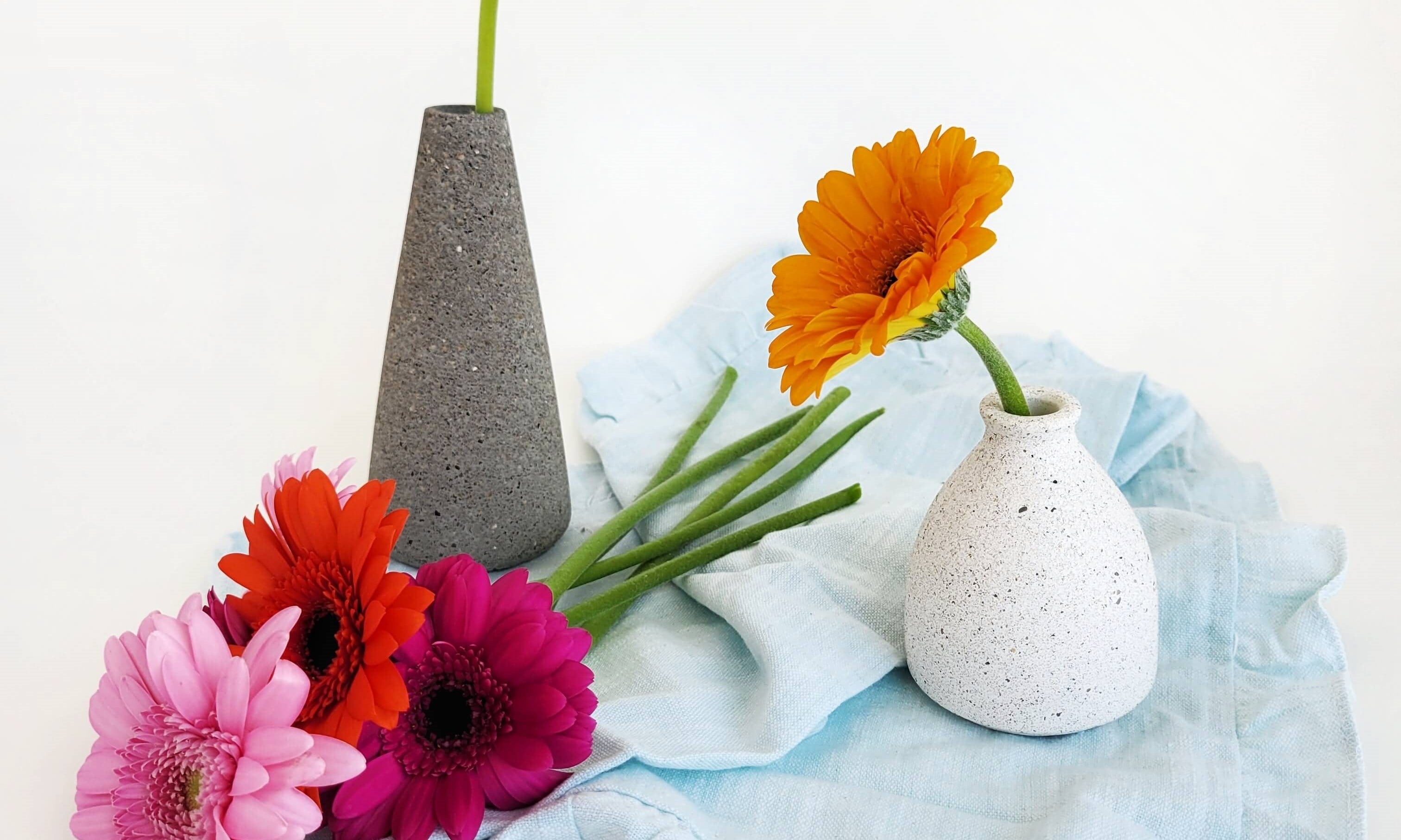Stone Vases with Flowers: One White, One Grey - Vibrant Floral Decor