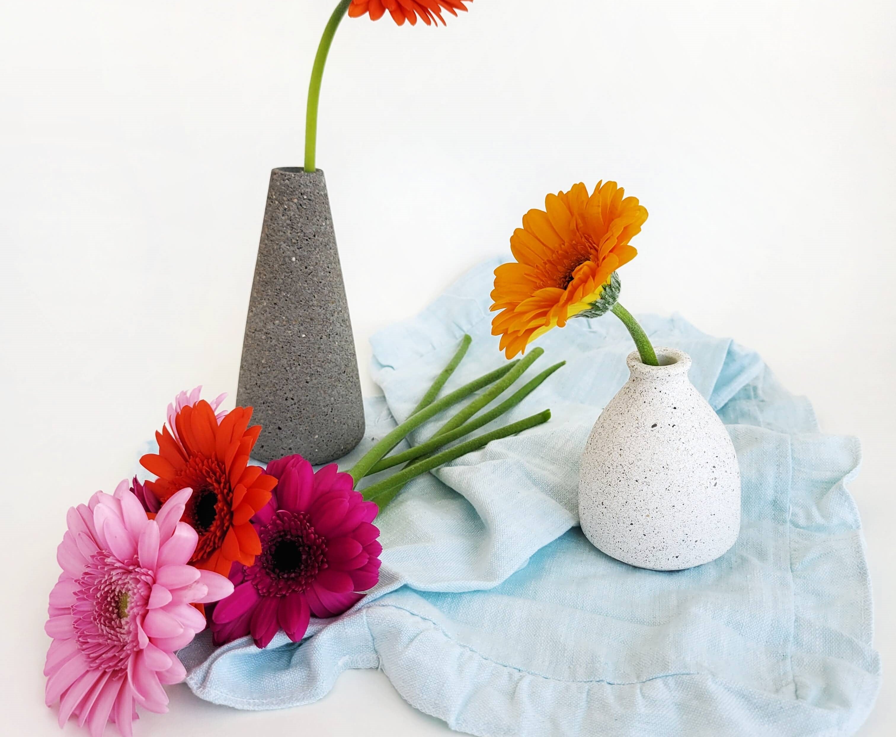 Stone Vases with Flowers: One White, One Grey - Vibrant Floral Decor
