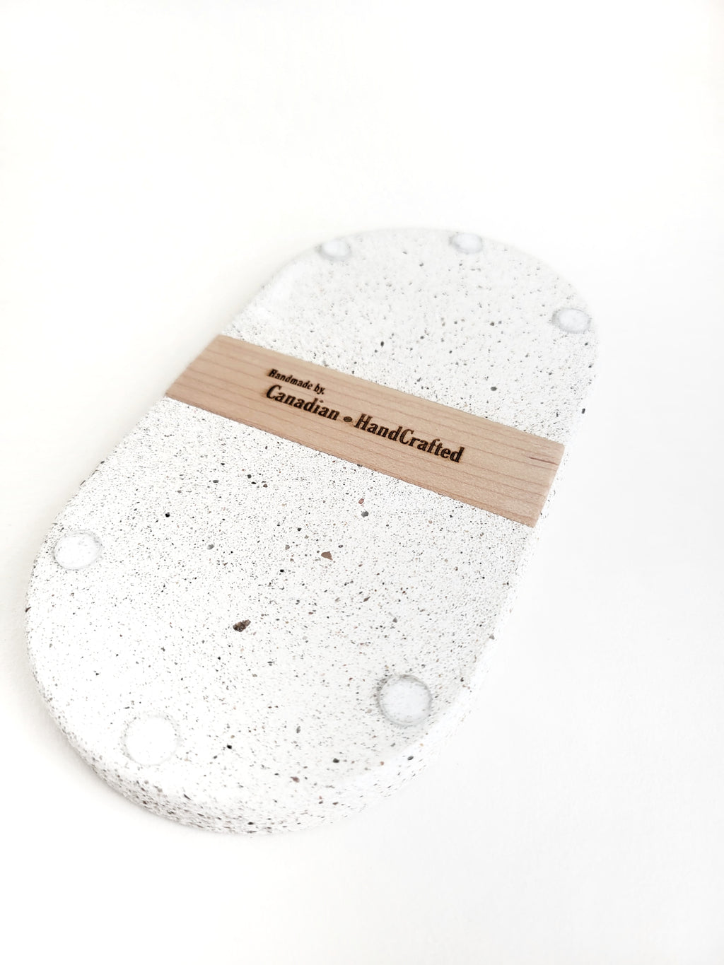 Upside-Down White Sandstone Tray for Soap Dispenser/Hand Sanitizer with Wooden Veneer Engraved 'Canadian HandCrafted' and Durable Clear Rubber Bumpers - Chic Bathroom Organizer Accessory