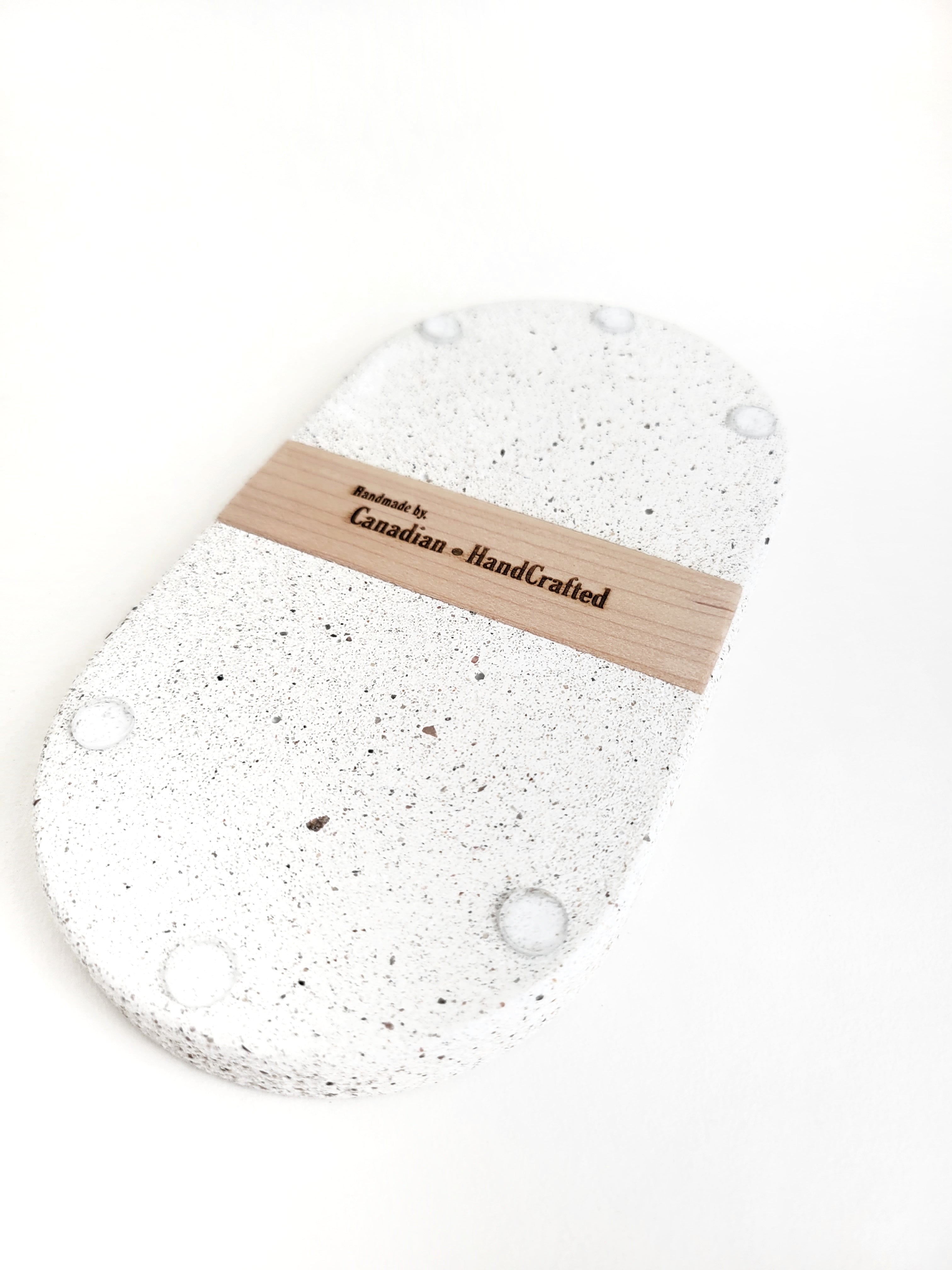 Upside-Down White Sandstone Tray for Soap Dispenser/Hand Sanitizer with Wooden Veneer Engraved 'Canadian HandCrafted' and Durable Clear Rubber Bumpers - Chic Bathroom Organizer Accessory
