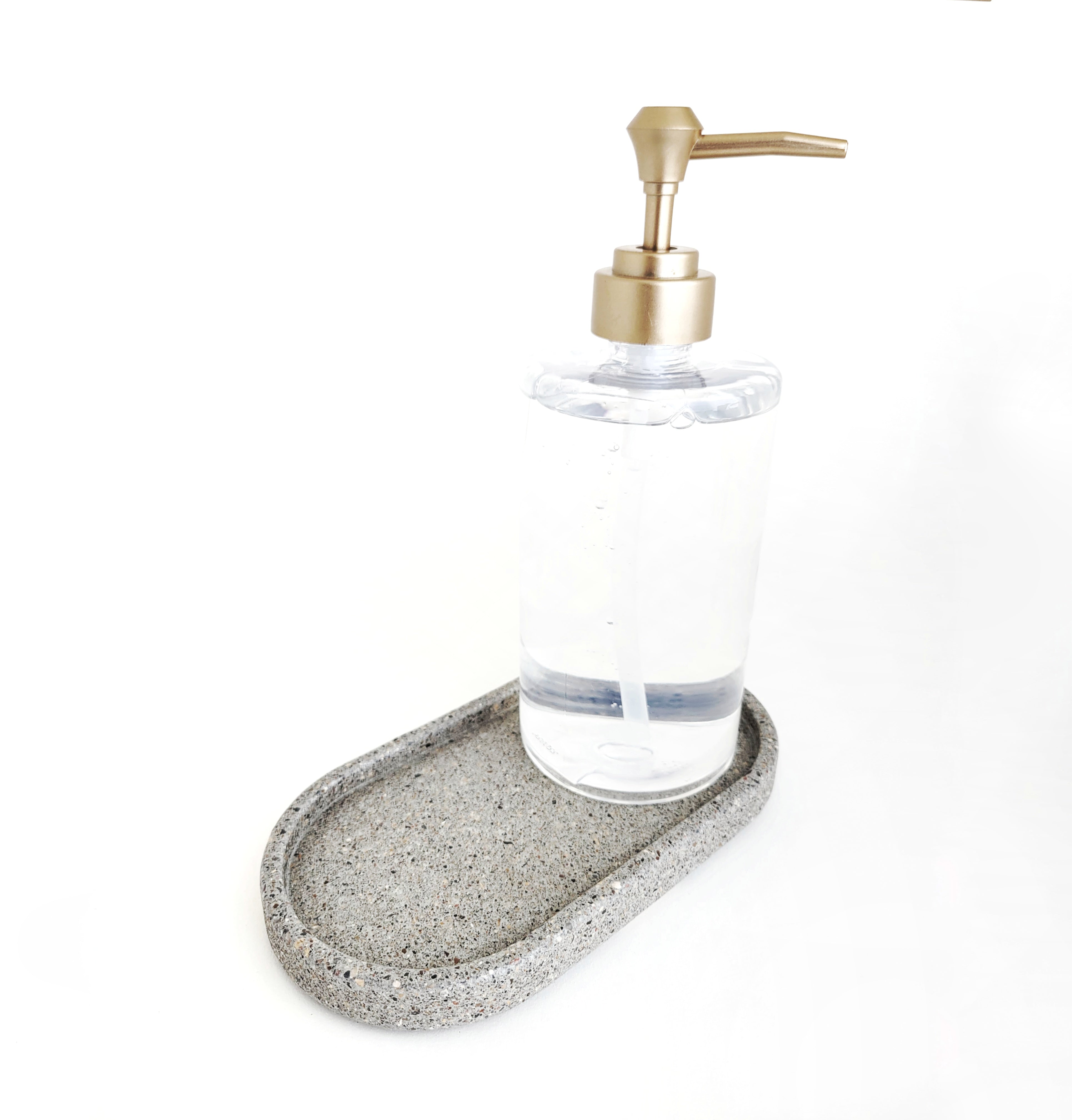 Grey Sandstone Soap Dispenser Tray with Clear Round Soap DispGrey Sandstone Soap Dispenser Tray with Clear Round Soap Dispenser - Elegant Bathroom Accessory