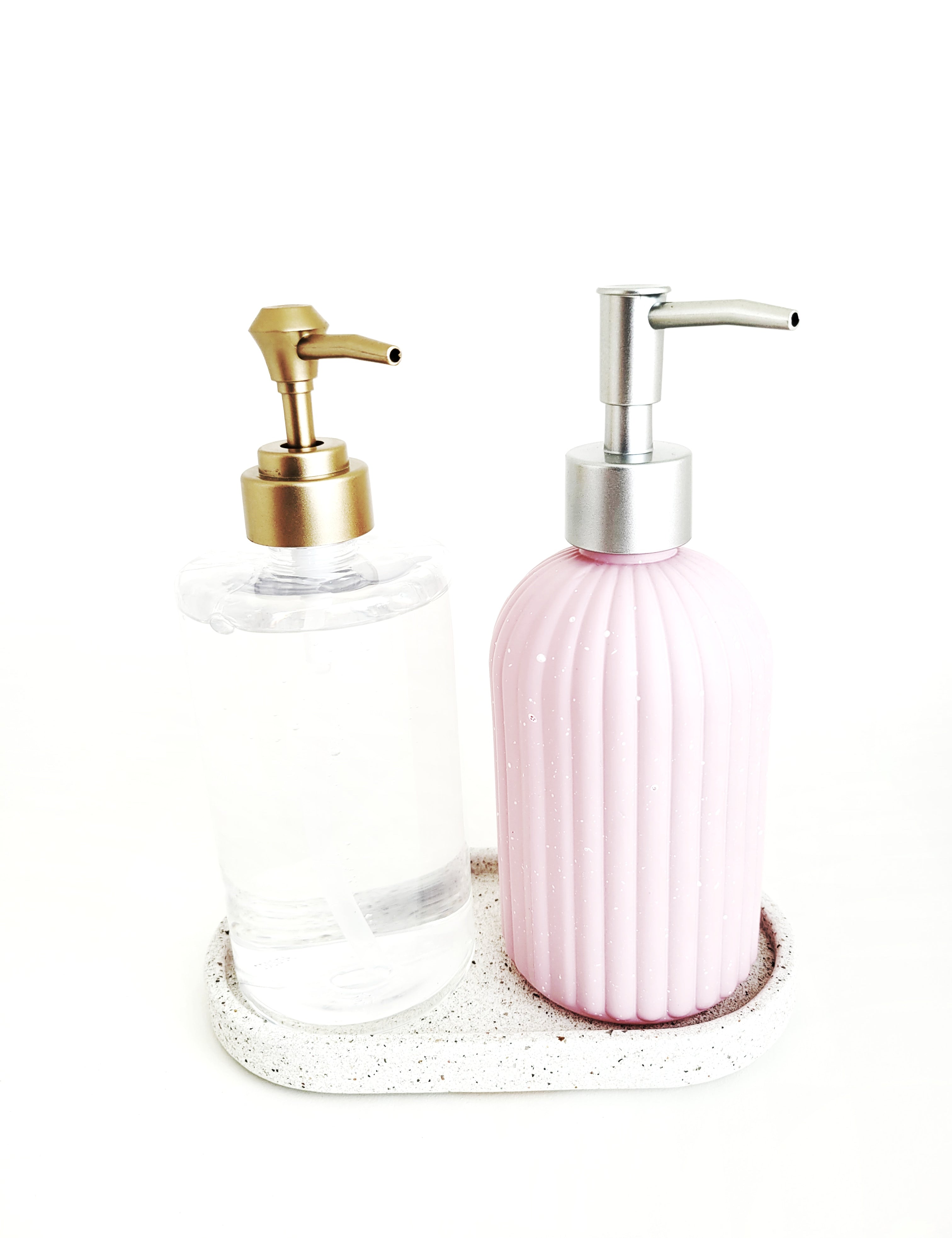Sparkling White Sandstone Soap Dispenser Tray with one  Clear Round Soap Dispenser Bottle and one Pink - Elegant Bathroom Accessory