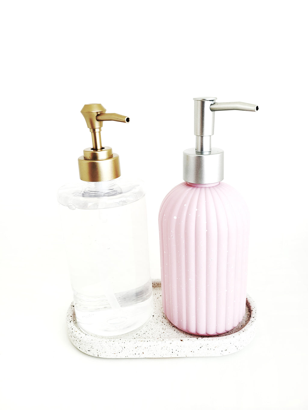 Sparkling White Sandstone Soap Dispenser Tray with one  Clear Round Soap Dispenser Bottle and one Pink - Elegant Bathroom Accessory