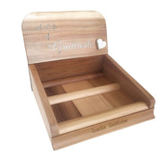 Elevate your presentation with a Gratitude Gift Pre-Pack Counter Display crafted from natural red cedar. Adorned with silver lettering engraved with 'a gift of gratitude', featuring a white stone heart affixed to the front. Spot a gold engraving at the base proclaiming 'Canadian HandCrafted'.