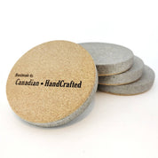 Set of 4 grey sandstone coffee and beverage coasters with cork bottom, Handmade by, Canadian HandCrafted engraving - Made in Canada