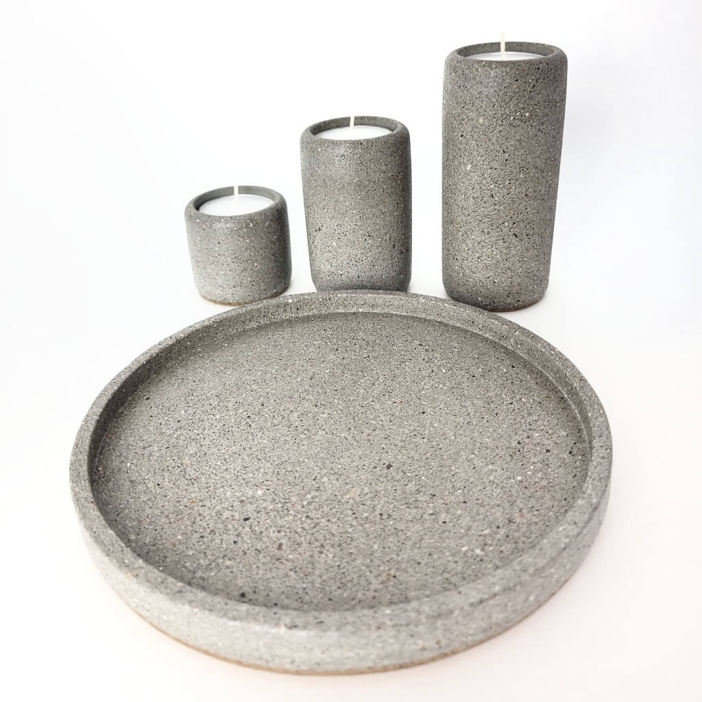 Grey Stone Tealight Candle Holder Set with Round Tray - Chic Stone Decor for Elegant Lighting