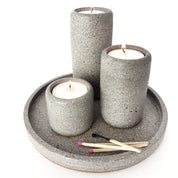 Lit Grey Terrazzo Stone Tealight Holders Set of 3 with Matchsticks on Round Tray - Premium Ambient Lighting Decor