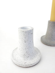 Elegant White and Grey Stone Tall Taper Candle Holder - Sophisticated Home Decor Accessory Against White Background